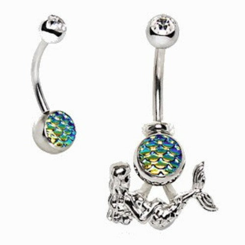 316L Stainless Steel 2-in-1 Fish Scale Cabochon Mermaid Navel Ring by Fashion Hut Jewelry