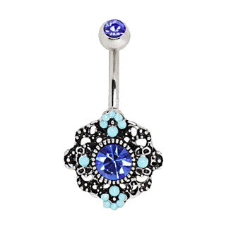 316L Stainless Steel Ornate Blue Flower Navel Ring by Fashion Hut Jewelry