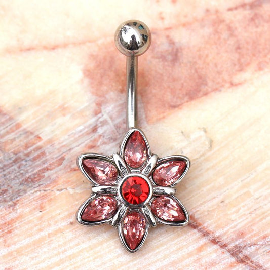 316L Stainless Steel Pink Flower Navel Ring Belly Ring by Fashion Hut Jewelry