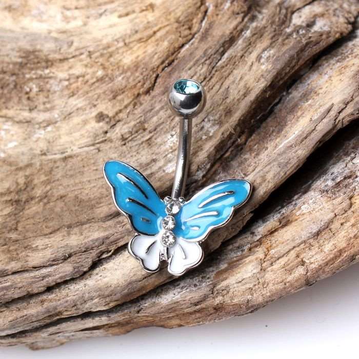 316L Stainless Steel Aqua Butterfly Navel Ring by Fashion Hut Jewelry