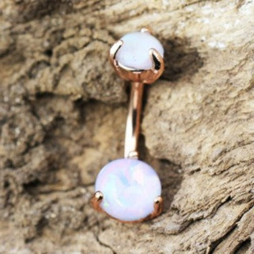 Rose Gold Navel Ring with Prong Set White Synthetic Opal by Fashion Hut Jewelry