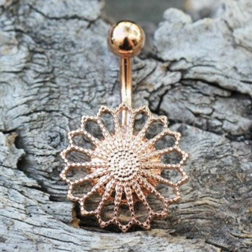 Rose Gold Plated Ornate Flower Navel Ring by Fashion Hut Jewelry