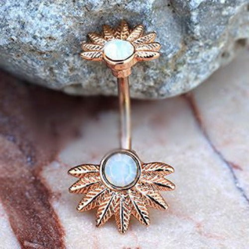 Rose Gold Plated White Synthetic Opal Palm Leaves Navel Rings by Fashion Hut Jewelry