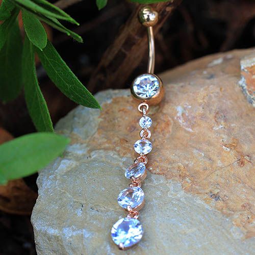 Rose Gold Plated Cascading CZ Dangle Navel Ring by Fashion Hut Jewelry