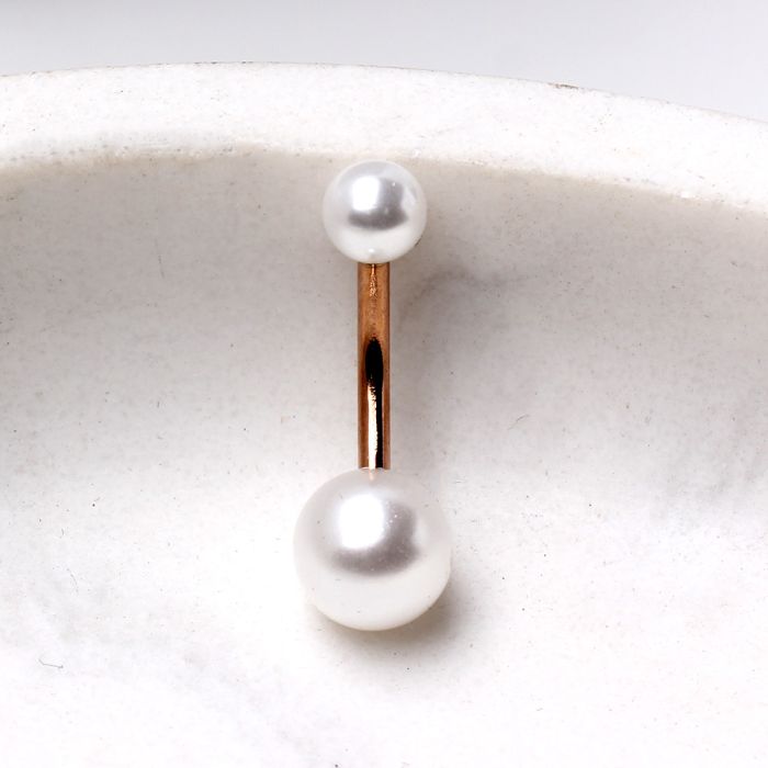 Rose Gold Plated Navel Ring with White Faux Pearls by Fashion Hut Jewelry