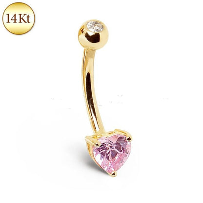 14Kt Gold Navel Ring with Prong Set Heart CZ by Fashion Hut Jewelry