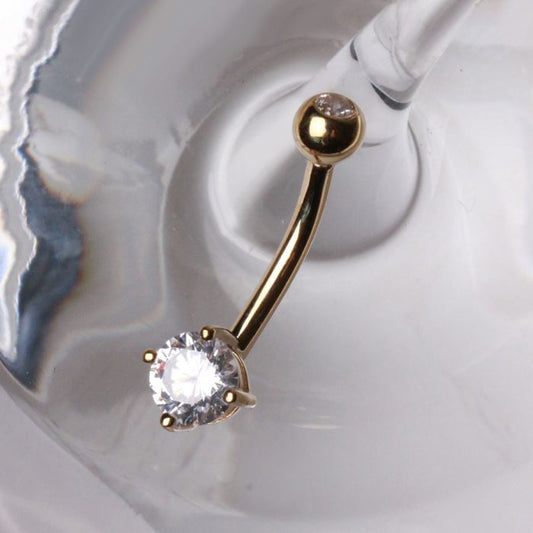 14Kt Yellow Gold 1/2" Navel Ring with Clear Round Prong Set CZ by Fashion Hut Jewelry