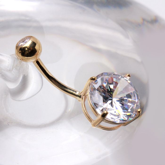 14Kt Yellow Gold Navel Ring with Large Clear Round Prong Set CZ by Fashion Hut Jewelry