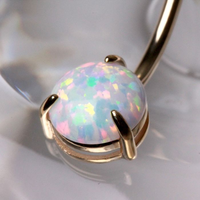 14Kt. Yellow Gold Navel Ring with Prong Set White Synthetic Opal by Fashion Hut Jewelry