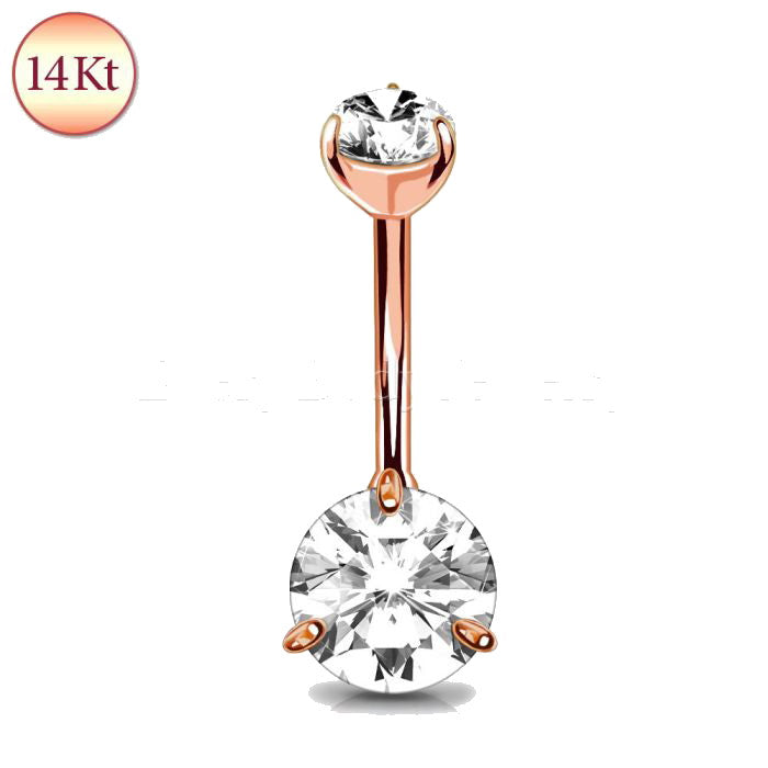 14Kt Rose Gold Navel Ring with Prong Set Clear Round CZ by Fashion Hut Jewelry