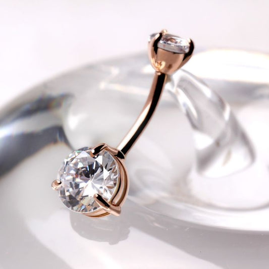 14Kt Rose Gold Navel Ring with Prong Set Clear Round CZ by Fashion Hut Jewelry