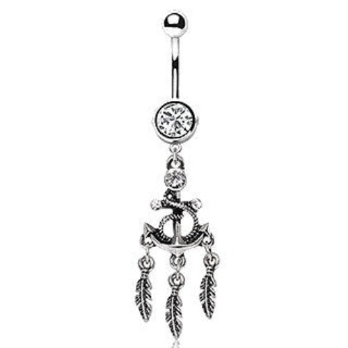 316L Stainless Steel Anchor and Feather Dangle Navel Ring by Fashion Hut Jewelry