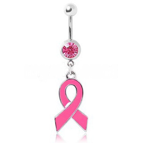 316L Gemmed Navel Ring with Enameled Pink Awareness Ribbon Dangle by Fashion Hut Jewelry