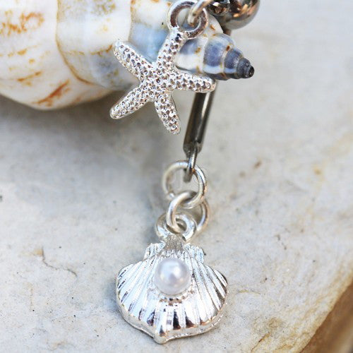 316L Stainless Steel Starfish and Pearl Seashell Double Dangle Navel Ring by Fashion Hut Jewelry