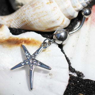 316L Stainless Steel Sparkling Starfish Dangle Navel Ring by Fashion Hut Jewelry