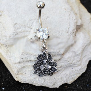 316L Stainless Steel Jeweled Vintage Lotus Dangle Navel Ring by Fashion Hut Jewelry