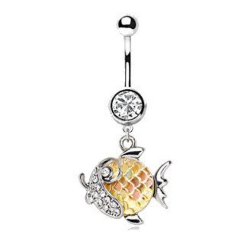 316L Stainless Steel Jeweled Gold Fish Dangle Navel Ring by Fashion Hut Jewelry