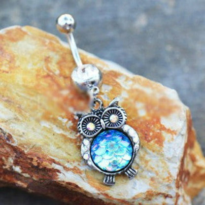 316L Stainless Steel Jeweled Rainbow Owl Dangle Navel Ring by Fashion Hut Jewelry