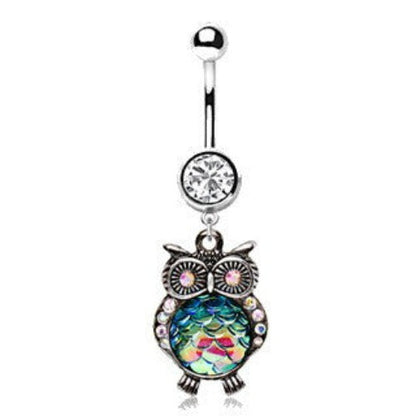 316L Stainless Steel Jeweled Rainbow Owl Dangle Navel Ring by Fashion Hut Jewelry