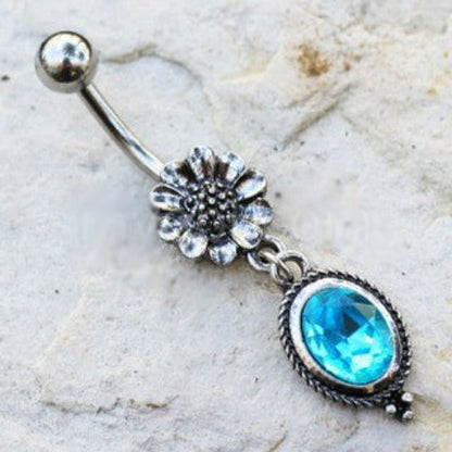 316L Stainless Steel Flower and Aqua Pendant Dangle Navel Ring by Fashion Hut Jewelry