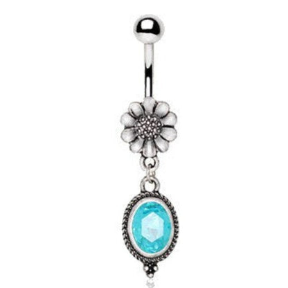 316L Stainless Steel Flower and Aqua Pendant Dangle Navel Ring by Fashion Hut Jewelry