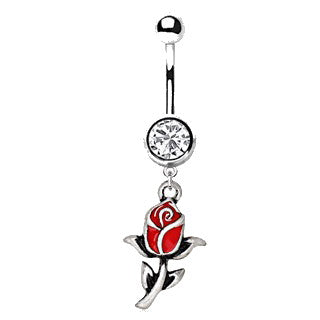 316L Stainless Steel Red Rose Dangle Navel Ring by Fashion Hut Jewelry