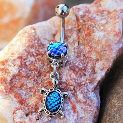 316L Stainless Steel Ocean Blue Scales Turtle Dangle Navel Ring by Fashion Hut Jewelry