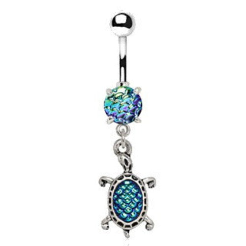 316L Stainless Steel Ocean Blue Scales Turtle Dangle Navel Ring by Fashion Hut Jewelry