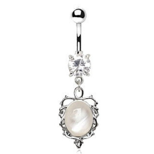 Ornate White Cat's Eye Dangle Navel Belly Ring by Fashion Hut Jewelry