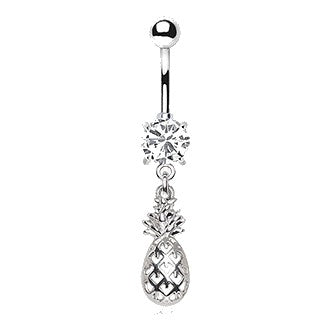 316L Stainless Steel Prong Set CZ Navel Ring with Pineapple Dangle by Fashion Hut Jewelry