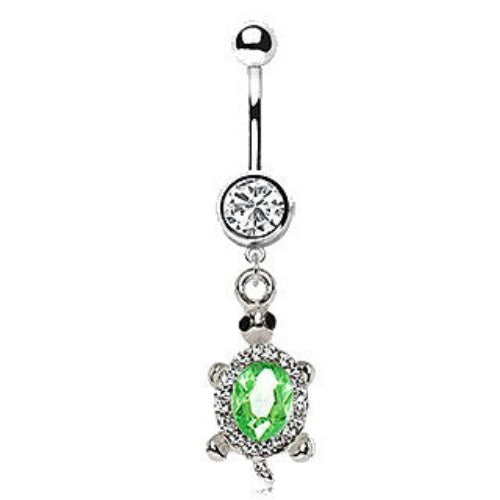 316L Stainless Steel Dazzling Green Turtle Dangle Navel Ring by Fashion Hut Jewelry