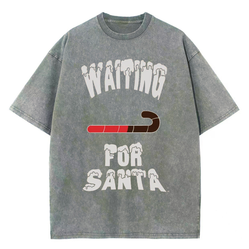 Unisex Waiting For Santa Printed Retro Washed Short Sleeved T-Shirt by migunica