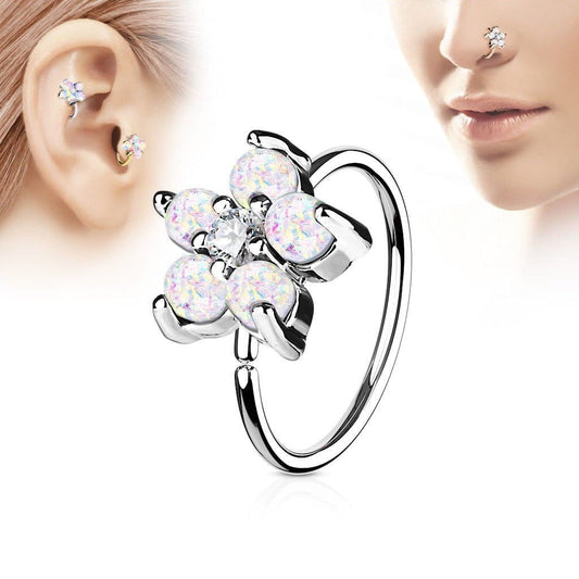 316L Stainless Steel Synthetic Opal Flower Nose Hoop / Cartilage Earring by Fashion Hut Jewelry