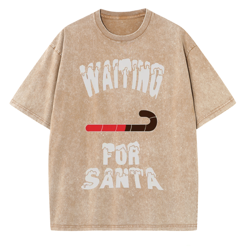 Unisex Waiting For Santa Printed Retro Washed Short Sleeved T-Shirt by migunica