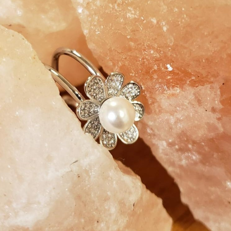 White Gold Dipped CZ Flower Acrylic Pearl Adjustable Ring by Fashion Hut Jewelry