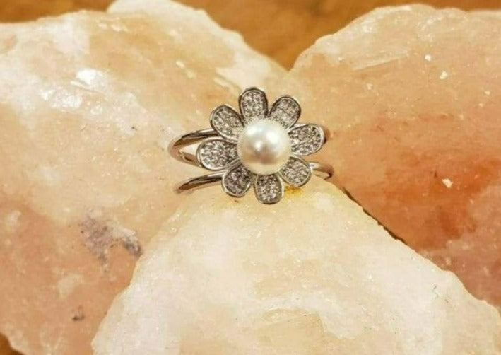 White Gold Dipped CZ Flower Acrylic Pearl Adjustable Ring by Fashion Hut Jewelry