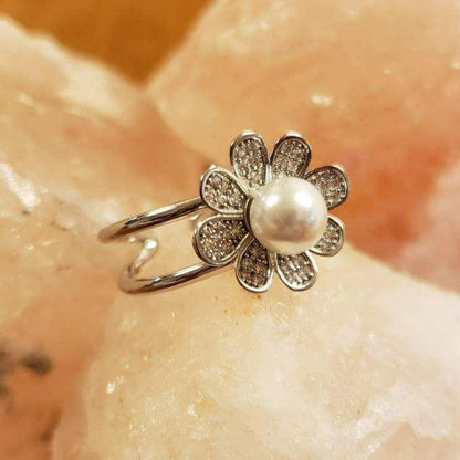 White Gold Dipped CZ Flower Acrylic Pearl Adjustable Ring by Fashion Hut Jewelry