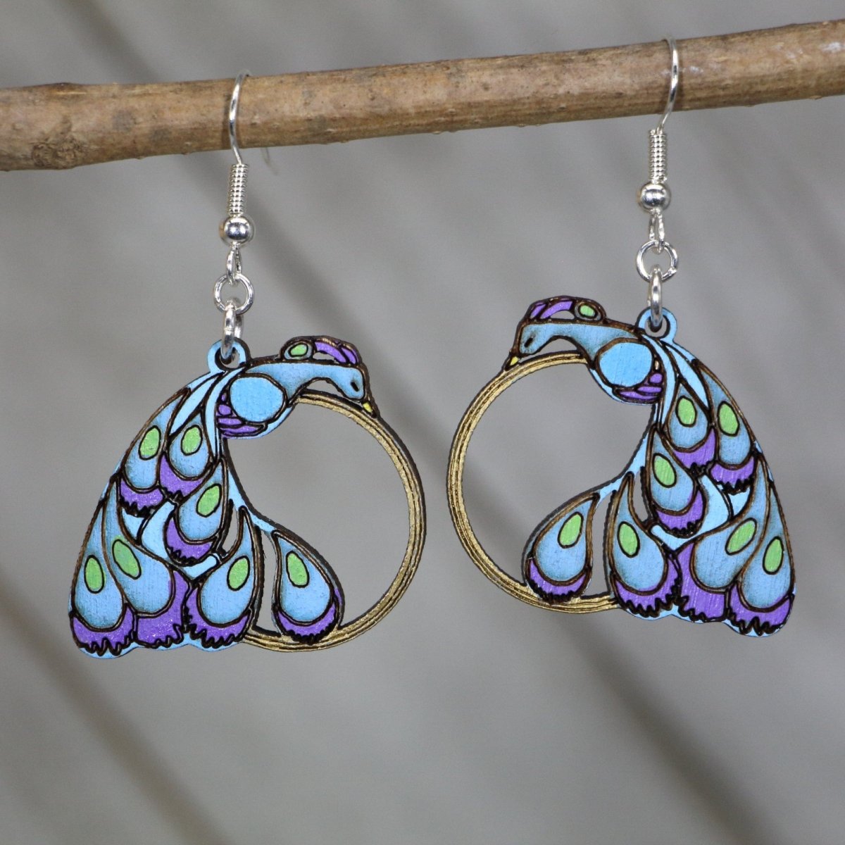 Peacock on Gold Ring Wooden Dangle Earrings by Cate's Concepts, LLC