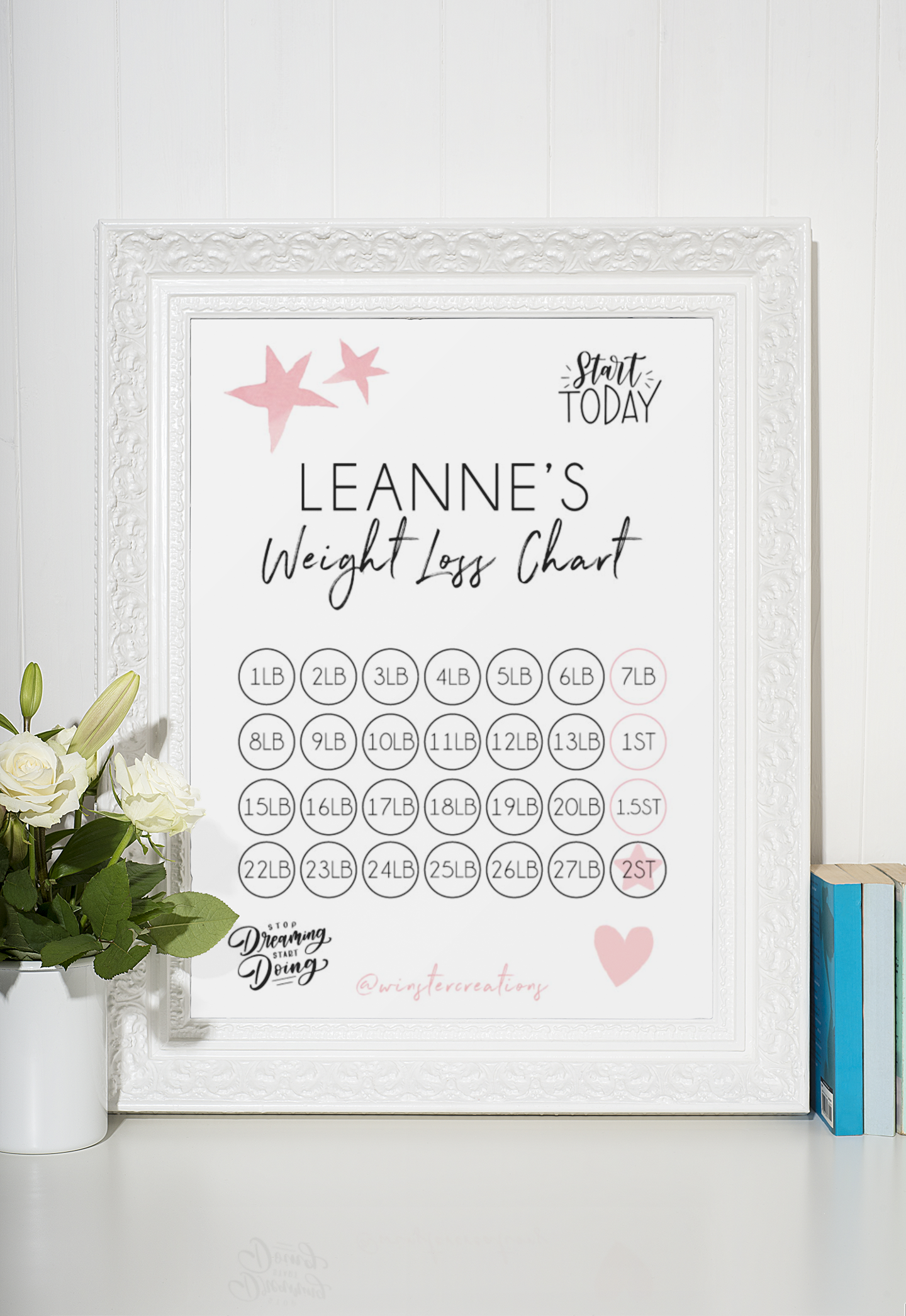 Personalised Name Pink Star Heart Start Today Postive A4 Weight Loss Diet Slimming Chart Tracker Print - st. lb Units by WinsterCreations™ Official Store