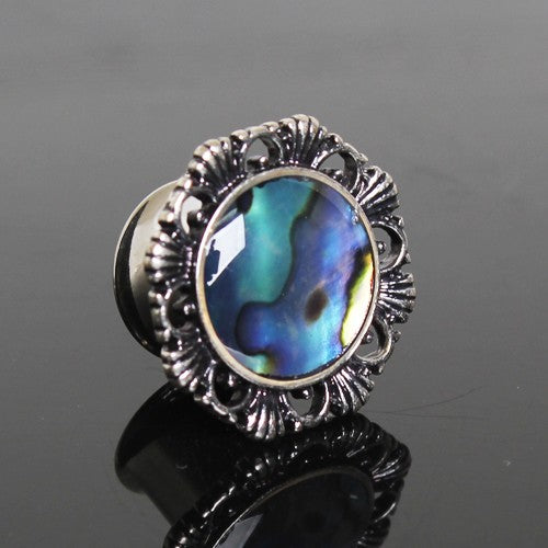 316L Stainless Steel Ornate Plug with Natural Abalone Inlay by Fashion Hut Jewelry