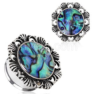 316L Stainless Steel Ornate Plug with Natural Abalone Inlay by Fashion Hut Jewelry