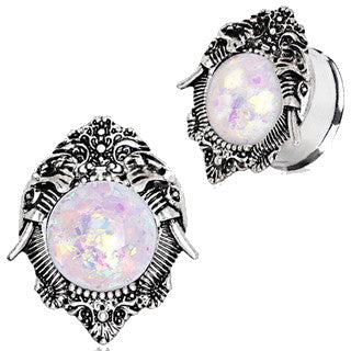 316L Stainless Steel Ornate Elephant Plug with Synthetic Opal Stone by Fashion Hut Jewelry