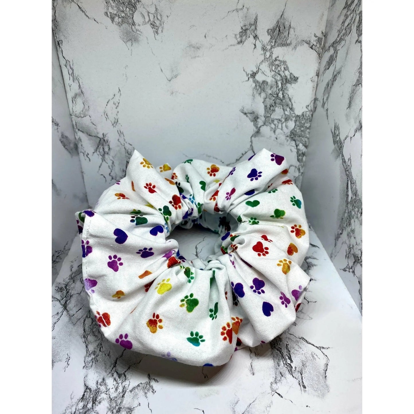 White Colored Paw Print Scrunchie by Enchanted Scrunch