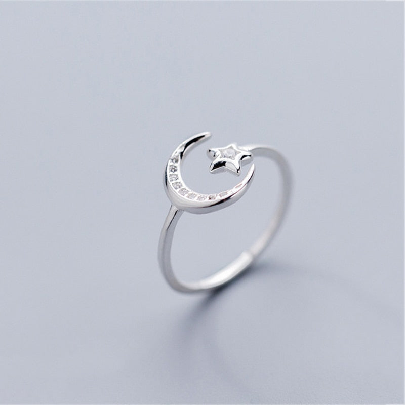 Moon and Star Sterling Silver Adjustable Ring by Fashion Hut Jewelry