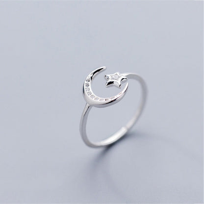 Moon and Star Sterling Silver Adjustable Ring by Fashion Hut Jewelry