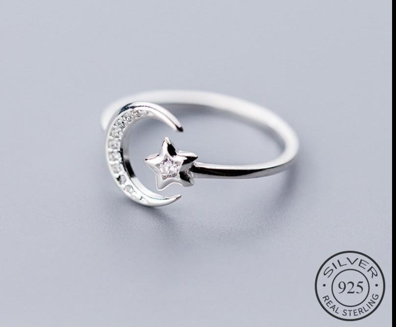 Moon and Star Sterling Silver Adjustable Ring by Fashion Hut Jewelry