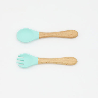 Baby Food Grade Wooden Handles Silicone Spoon Fork Cutlery by MyKids-USA™