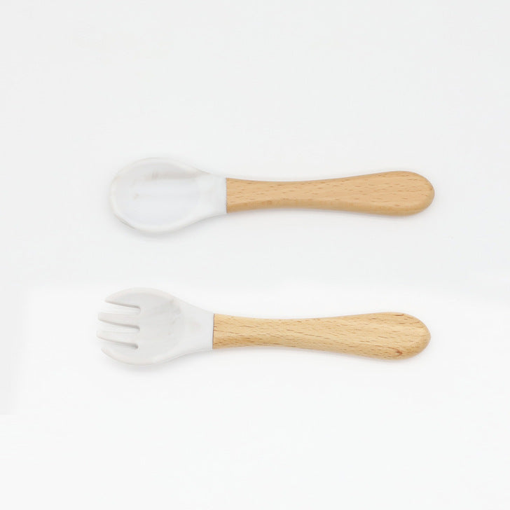 Baby Food Grade Wooden Handles Silicone Spoon Fork Cutlery by MyKids-USA™