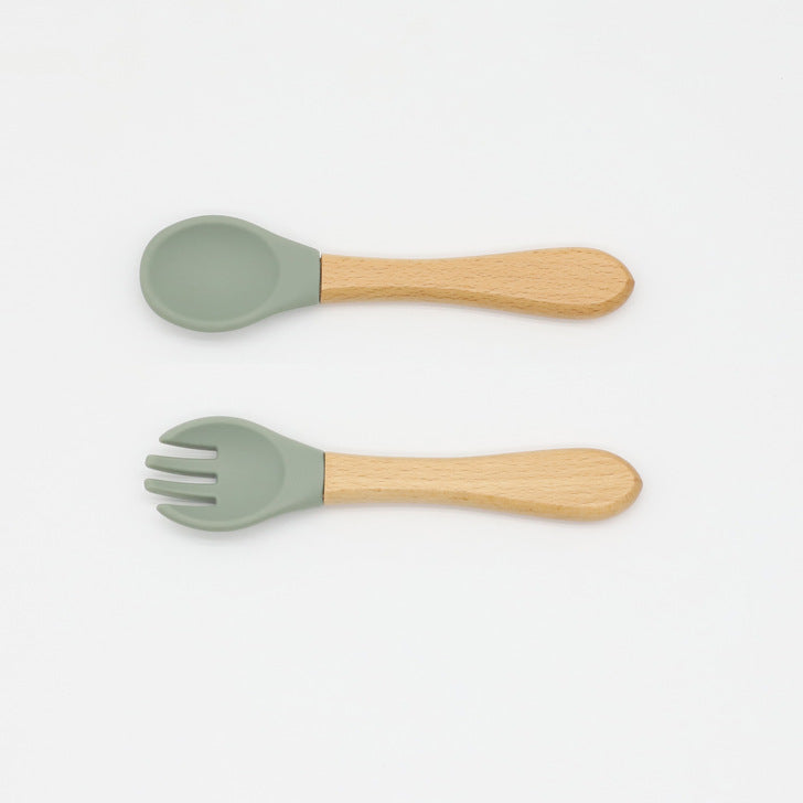 Baby Food Grade Wooden Handles Silicone Spoon Fork Cutlery by MyKids-USA™