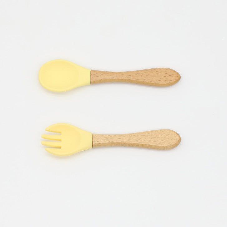 Baby Food Grade Wooden Handles Silicone Spoon Fork Cutlery by MyKids-USA™